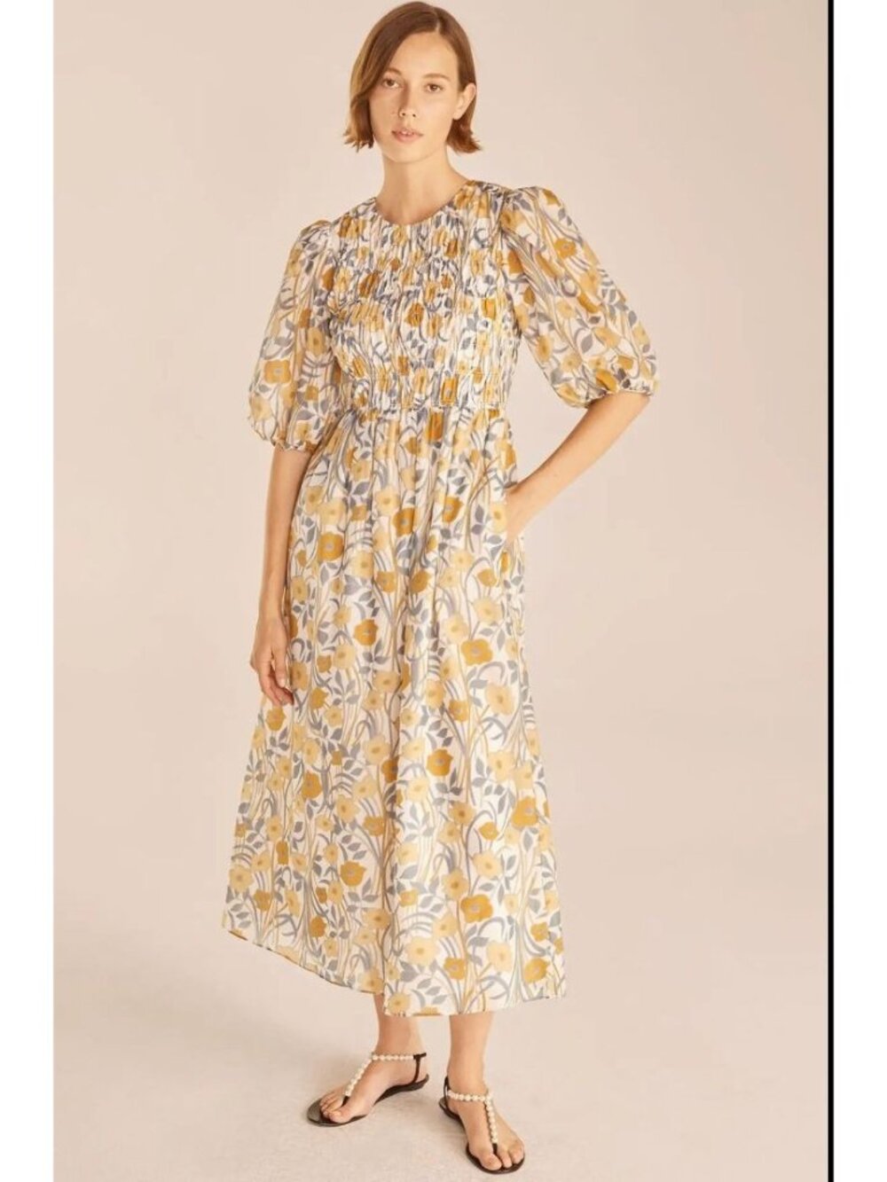 REBECCA TAYLOR Daphne Fleur Ruched Puff Sleeve Silk Blend Dress Size Small